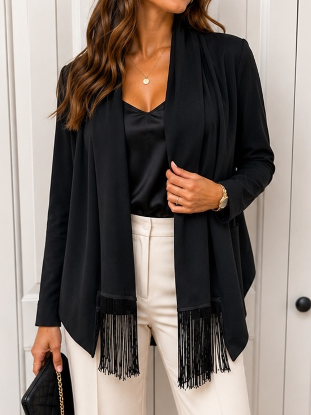 MM Couture Black Fringe Jacket Women’s Large Draped Open Front Statement Blazer